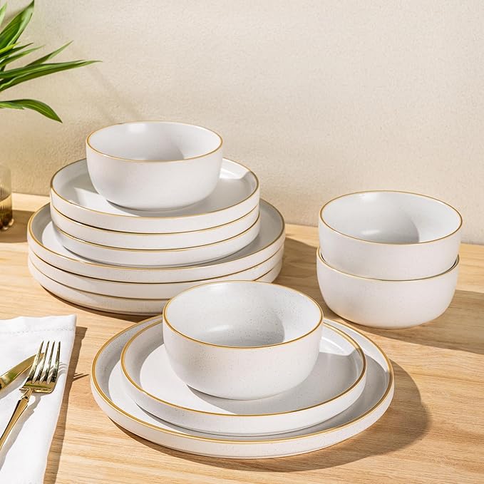 AmorArc Stoneware Dinnerware Sets for 4Reactive Ceramic Plates and Bowls SetHighly Chip and Crack Resistant | Dishwasher &amp Microwave Safe | Round Dishes Set Service for 4 (12pc)
