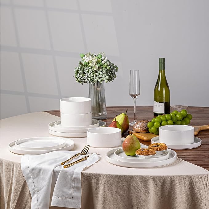 LERATIO Ceramic Dinnerware SetsHandcraft Embossed Stoneware Plates and Bowls SetsHighly Chip and Crack Resistant | Dishwasher &amp Microwave &amp Oven Safe Dishes setService for 4 (12pc)-White