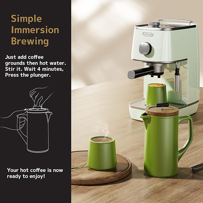 DHPO Ceramic French Press Coffee Maker 22oz Single Serve Coffee Press with Walnut Wood Lid Lead-Free Food Grade Stainless Steel Filter with Dual Screen for Coffee and Loose Tea Green