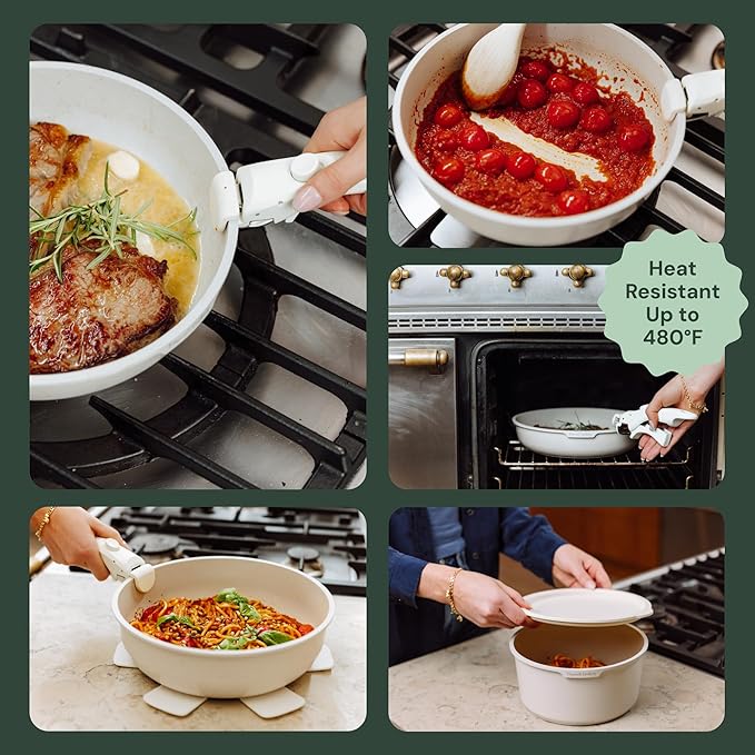15-Piece White Granite Nonstick Cookware Set – Detachable Handles &amp Tempered Glass Lids – Stackable &amp Cool-Touch - Induction &amp Oven Safe to 480°F - Scratch-Resistant PFOA &amp PFOS-Free
