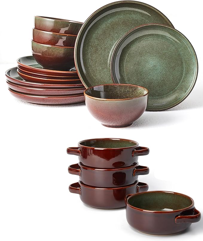 16 Pieces Dinnerware Sets with Soup Bowls Brown Green