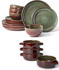 16 Pieces Dinnerware Sets with Soup Bowls Brown Green