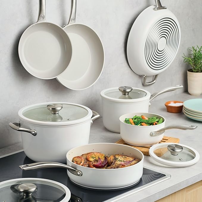 Circulon Halo with LaserDefense Ceramic Nonstick Pots and Pans with Lids Compatible with All Stovetops Made without PFAS Dishwasher and Oven Safe 11 Piece Cookware Set - Pearl White