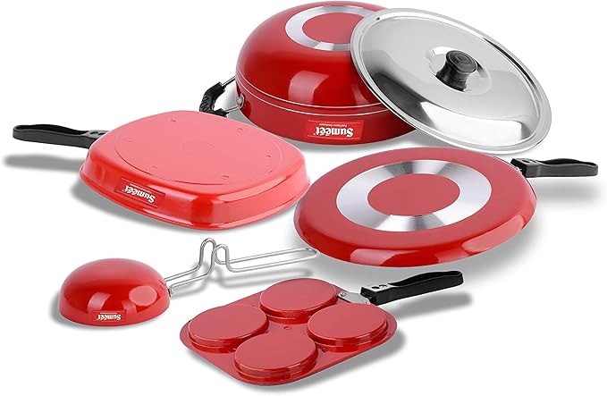 Sumeet Aluminium Dosa Tawa Multi Snack Maker Grill Pan And Kadhai With Lid Tadka Pan Cookware Set 1.1 L 1 Dosa Tawa1 Mini Multi Snack Maker1 Kadhai With Lid1 Grill Pan1 Tadka Pan (Red)