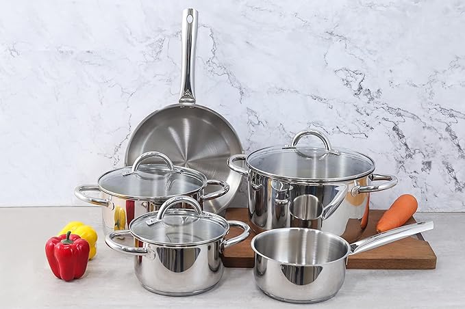 EW-TS-8010 Induction Cookware Set Made of High-Quality Stainless Steel 8-Piece Cookware Pots with Glass Lid 3 x Saucepans Saucepan Frying Pan for All Types of Cookers Silver Edition