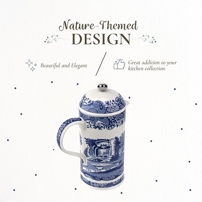 Spode Blue Italian French Press | 28-Ounce Capacity | Espresso Coffee and Tea Maker | Porcelain Cafetiere | Stainless Steel Plunger | Dishwasher Safe (Blue/White)