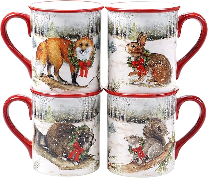 Misc Winter Forest 16-Piece Dinnerware Set Service for 4 Brown Green Multi Color Animal Casual Modern Contemporary Round 16 Piece Dishwasher Safe Microwave