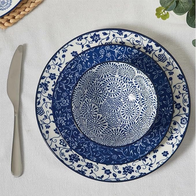 ONEMORE 12 Piece Ceramic Dinnerware Set for 4 Vintage Blue Stoneware Plates &amp Bowls Set - Scratch Resistant Microwave Dishwasher &amp Oven Safe Everyday Family Meals