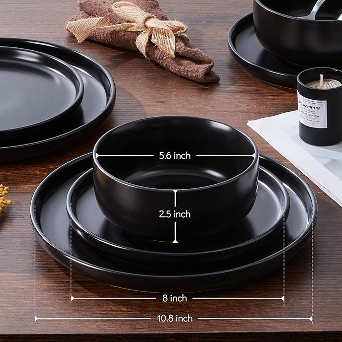 E-far Stoneware Dinnerware Sets for 6 18-Piece Plates and Bowls Set Modern Ceramic Dishes Dinning Ware Microwave &amp Dishwasher Safe - Matte Black