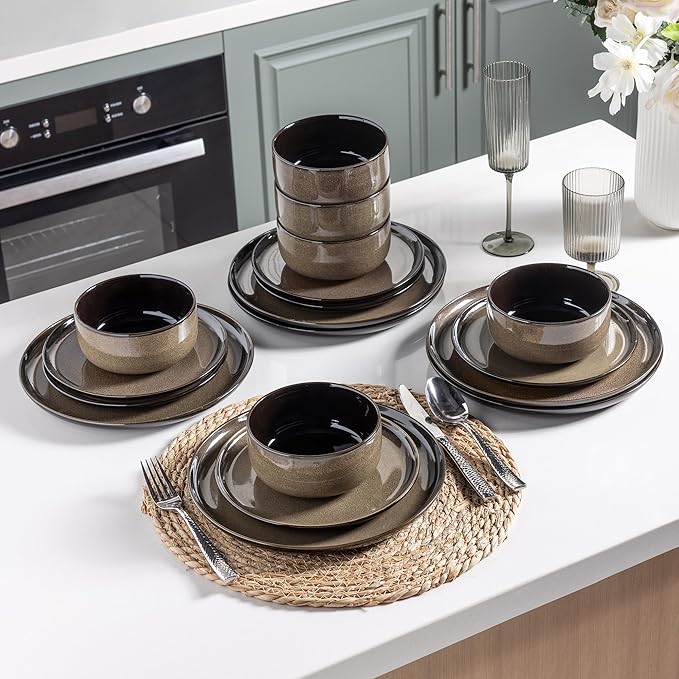 LeRatio Ceramic Dinnerware Sets for 6Poreclain Plates and Bowls SetsHandmade Reactive Glaze Dishes SetChip Resistant and Scratch Resistant | Oven&ampDishwasher &amp Microwave Safe-Chestnut(18PCS)