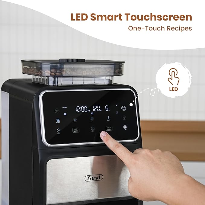 Gevi 10 Cup Drip Coffee Maker with Built-in Grinder Grind ＆ Brew Burr Combo Coffee Machine with Touch Screen Programmable 4-Hour Warm Plate Permanent Filter Coffee Carafe