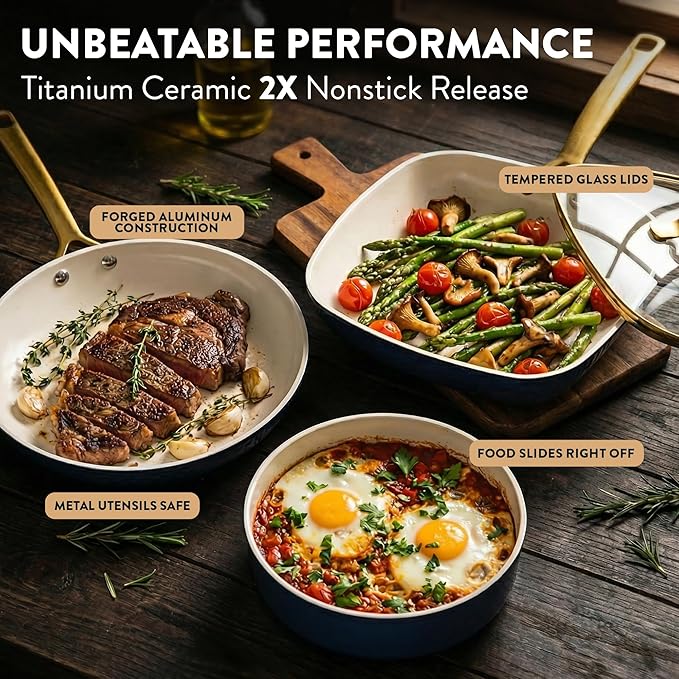 Gotham Steel Hammered 20Pcs Ceramic Cookware Set Induction Pots and Pans Set Non Stick with Deep Fry Pan Steamer &amp Bakeware Non Toxic PFOA PFOS Free Oven &amp Dishwasher Safe