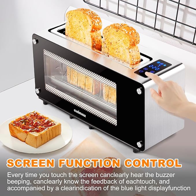 CUSIMAX Toaster 2 Slice Long Slot with Clear View Glass WindowOne Touch Digital Control Presets with Automatic LiftingSlide-out Glass Panel and Easy Clean Up Crumb Tray