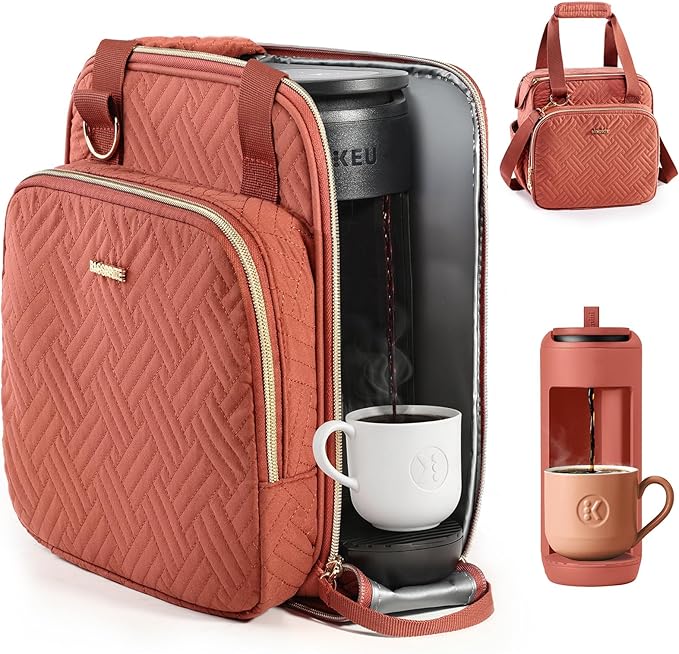 BAGSPRITE Coffee Maker Travel Bag Compatible with Keurig K-Mini Mate Full Open Carrying Case with Quilted Padded Soft Microfiber K--Cup Single Serve Coffee Maker Bag with Pod Organizer Mug Pockets