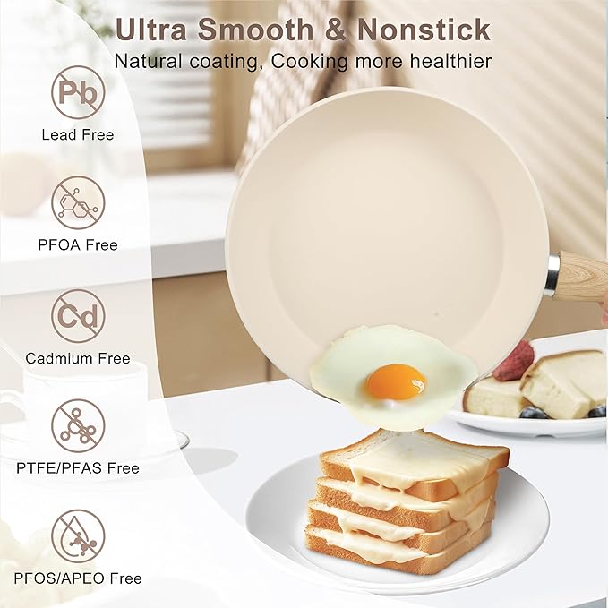 FAB&ampDELUXE 11Pcs Nonstick Cookware Set Aluminum Nonstick Pots and Pans with Lids &amp Wooden Handles Silicone Spoons &amp Spatulas Non-toxic Healthy Kitchen Cooking Sets PFAS &amp PFOA Free