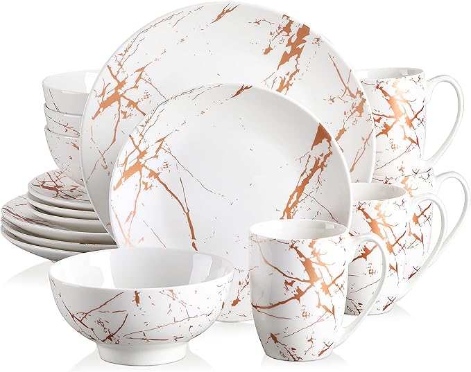 LOVECASA White Dinnerware Sets for 4 16 Piece Porcelain Dish Set Plates and Bowls Sets Gold Splash Glaze Ceramic Dinner Set with Mugs Dishwasher Microwave Safe