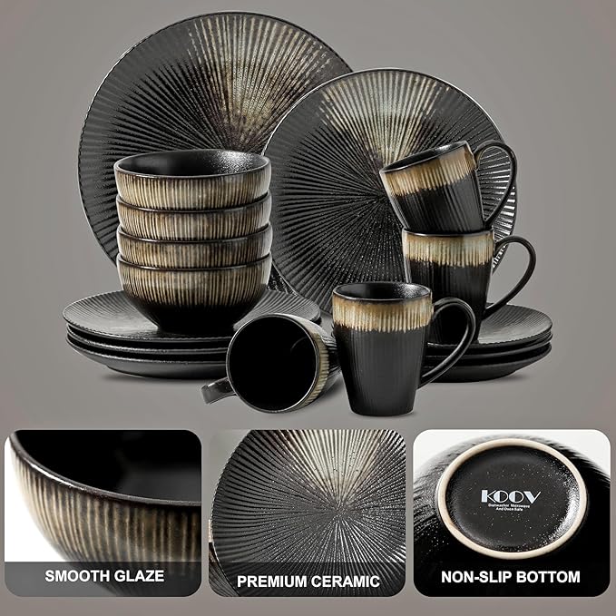 KOOV Ceramic Dinnerware Set of 16 Plates Bowls Cups &amp Dessert Plates for Party Microwave &amp Dishwasher Safe Stripe Series (Rough Black)