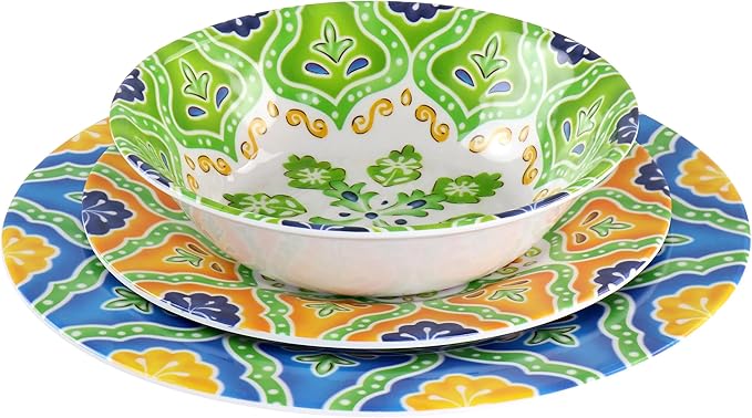 12-Piece Melamine Dinnerware Set Mandala Pattern Design Glossy Finish Shatter-Resistant Lightweight &amp Dishwasher Safe Ideal for Outdoor Picnic Camping &amp Household Daily Use