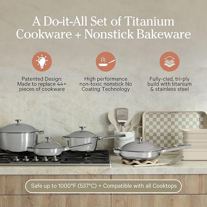 Our Place Titanium Pro Cookware &amp Bakeware Set | 15-Piece Non-toxic Nonstick Kitchenware with Titanium Always Pan Pro Perfect Pot Pro Minis &amp Ceramic Bakeware with Stovetop Griddle | Steam