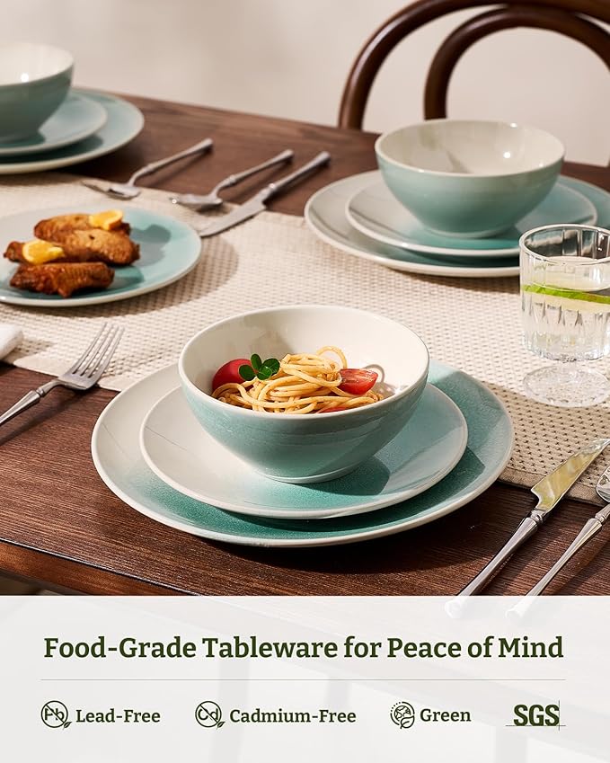 Famiware Glacier Dinnerware Sets Plates and Bowls Dish Sets for 8 (24 Pieces) Stoneware Tableware - Dishwasher and Microwave Safe Handcrafted Reactive Glaze Aqua