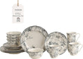 222 Fifth Adelaide 16-Piece Casual Grey Porcelain Dinnerware Set – Service for 4 Classic Toile Bird &amp Floral Design Microwave &amp Dishwasher Safe for Everyday Dining &amp Entertainment