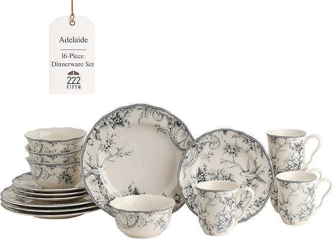 222 Fifth Adelaide 16-Piece Casual Grey Porcelain Dinnerware Set – Service for 4 Classic Toile Bird &amp Floral Design Microwave &amp Dishwasher Safe for Everyday Dining &amp Entertainment