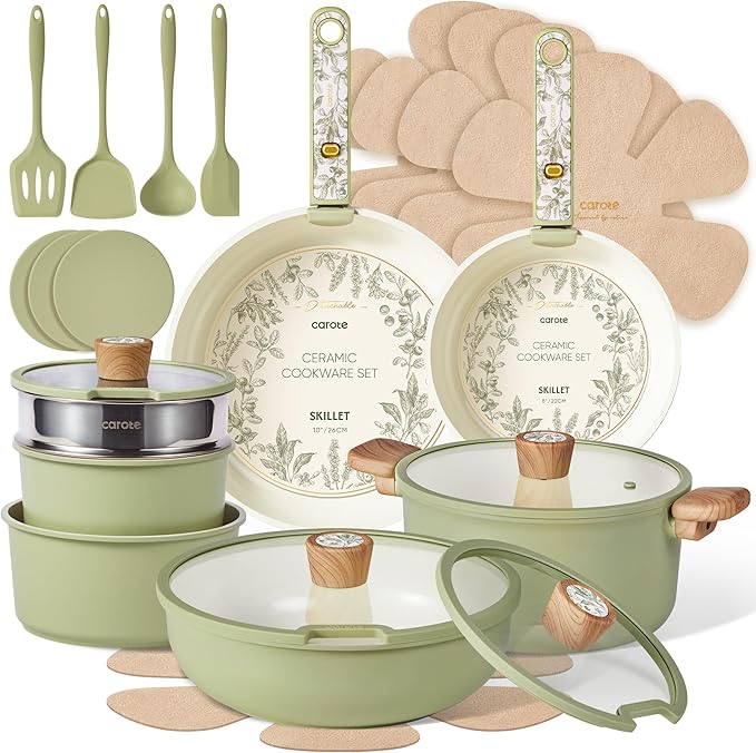 CAROTE 25-Piece Ceramic Cookware Set Nonstick Pots and Pans Set with Detachable Handle Non-Toxic Kitchen Cooking Set Dishwasher &amp Oven Safe Induction Compatible PFAS Free Green