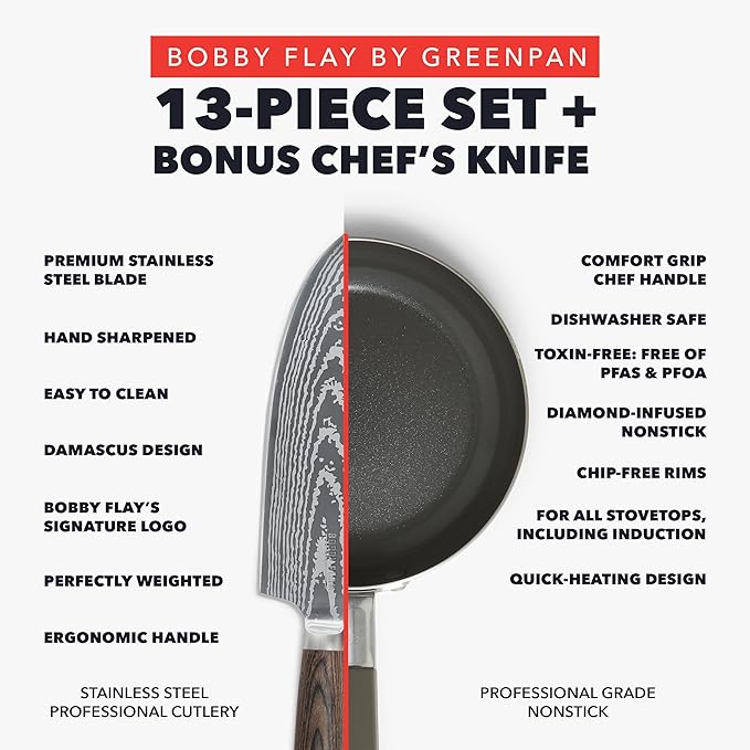 GreenPan x Bobby Flay 13 Piece Cookware Pots and Pans Set and 8 Chef's Knife. PFAS &amp PFOA-Free Ceramic Nonstick Induction Suitable Stay-Cool Silicone Handle Dishwasher &amp Oven Safe Black