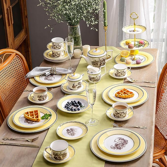 European court retro style Dinnerware Set Service for 6Afternoon tea Bone China Dinnerware SetsSteak Dinner Plates Dish Set (24Pcs)Freezer Safe Elegant Dining Plates VMKL