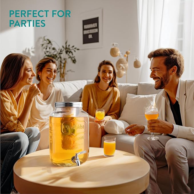 Navaris Drink Dispenser with Tap - 2.1gal (8L) - Glass Drinks Dispenser w/Fruit Infuser &amp Ice Insert - Large Water or Cocktail Jar - For Party Office or Home
