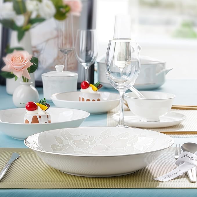 Fine Bone China Dinnerware SetPorcelain&ampCeramic Dinnerware SetsBone Stoneware&ampCeramic Cookware Tableware Set Includes Dinner Plates|Spoons|Pasta Bowls|Soup Pot|Chopsticks (48PCS * 6-Person S