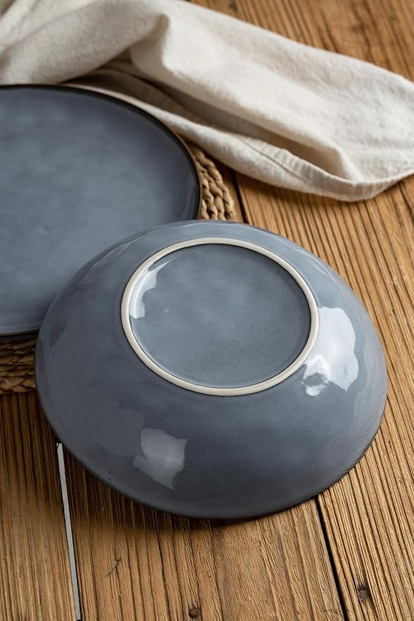 Famiware Ocean Round Plates and Bowls Sets for Kitchen 16-Piece Dinnerware Sets for 4 Reactive Glaze Blue