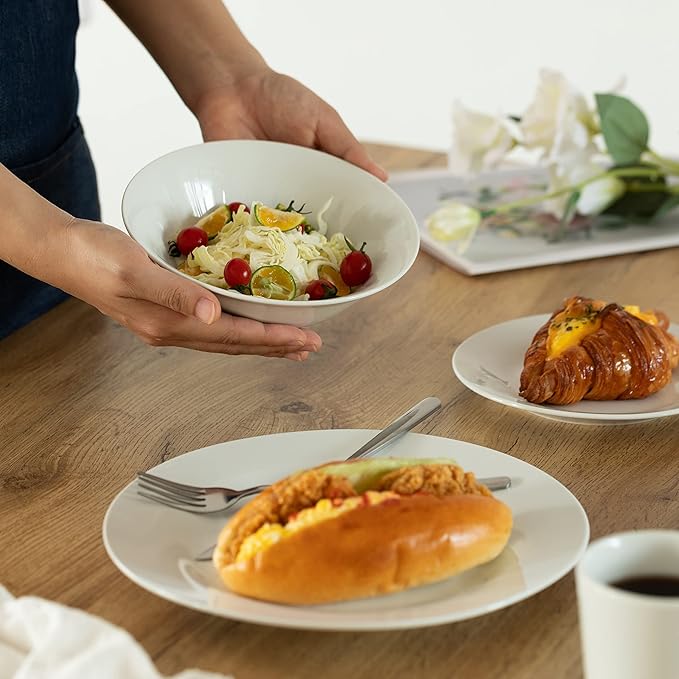 64 PC Rimmed Dinnerware Set for 16 Person | Mugs Salad and Dinner Plates and Bowls Sets Dishes with Highly Chip and Crack Resistant Dishwasher and Microwave Safe White