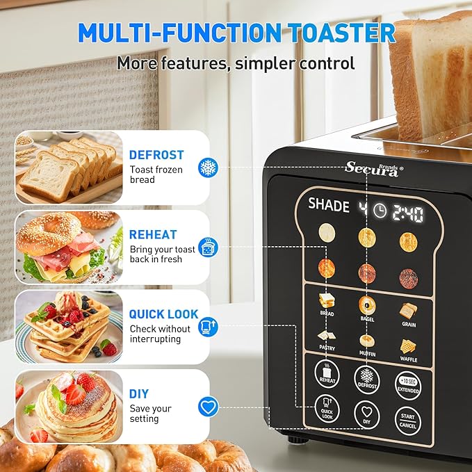 2 Slice Automatic Toaster Touch Screen Smart Toaster with Digital Timer 6 Bread Types 6 Browning Levels Reheat/Defrost +10s Extend Custom Memory Settings for Home RV Office
