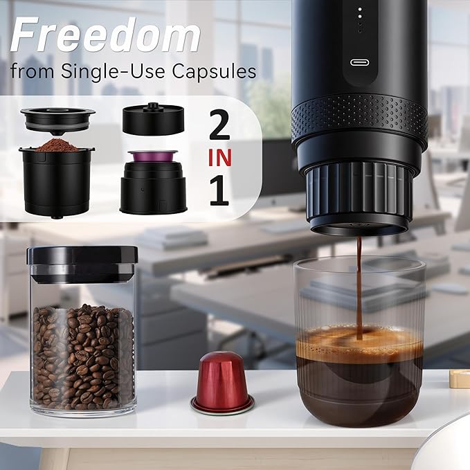Portable Electric Coffee Maker Espresso Machine Car Coffee Maker for Travel Self-Heating with USB-C Battery Powered with 7800mAh for Ground Coffee &amp NS Capsule for RV Hiking OfficeGifts for