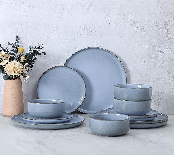 E-far Dinnerware Sets for 4 16-Piece Stoneware Plates and Bowls Set Reactive Glaze Dishes Dinning Ware Set Chip &amp Scratch Resistant Microwave &amp Dishwasher Safe - Ocean Blue