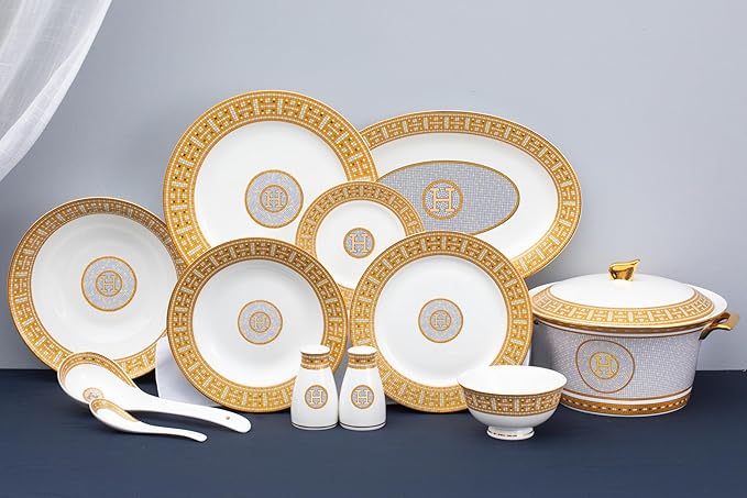 Royalty Porcelain 44 Piece Dinnerware - Gorgeous Set for 6 - Mosaic Design with Gold Detailing - Dining Plates Bowls Tureen and Serving Pieces - For Everyday Dishes or Formal Occasion