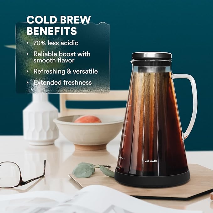 OVALWARE Airtight Cold Brew Iced Coffee Maker Pitcher (&amp Iced Tea Maker) with Spout – 1.5L/ 51oz Brewing Glass Carafe with Removable Stainless Steel Filter