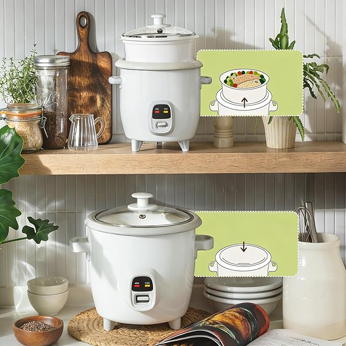 6 Cup Electric Rice Cooker and Food Steamer with Nonstick Ceramic Pot Pop Up Steam Tray White