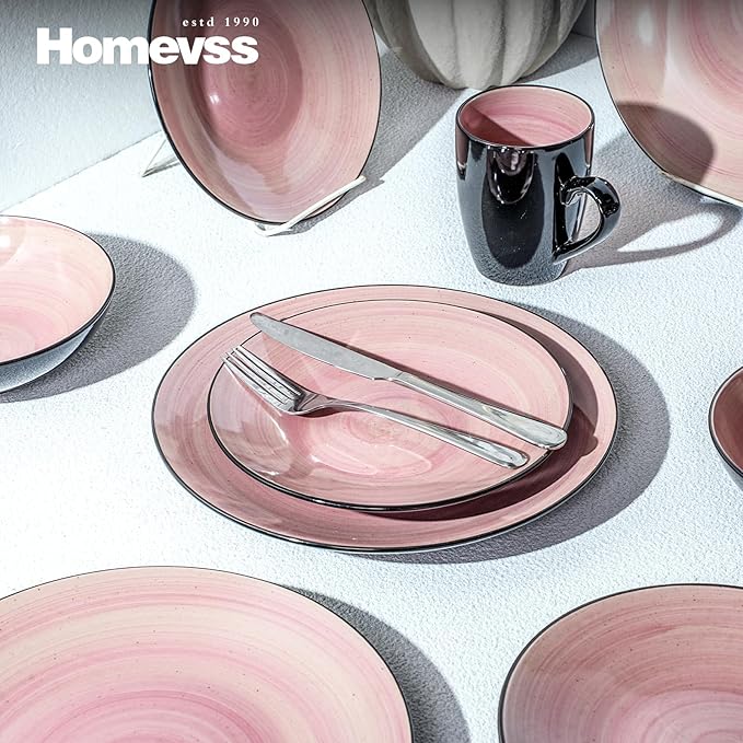 Sonoma Stoneware 16pc Dinnerware Set Outside Black + Inside Hand Painting Rose