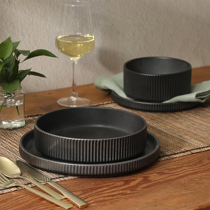 Gibson Elite Deerfield 16-Piece Stoneware Dinnerware Set – Matte Black Reactive Glaze Plates and Bowls Stackable Modern Design Service for 4 – Microwave &amp Dishwasher Safe