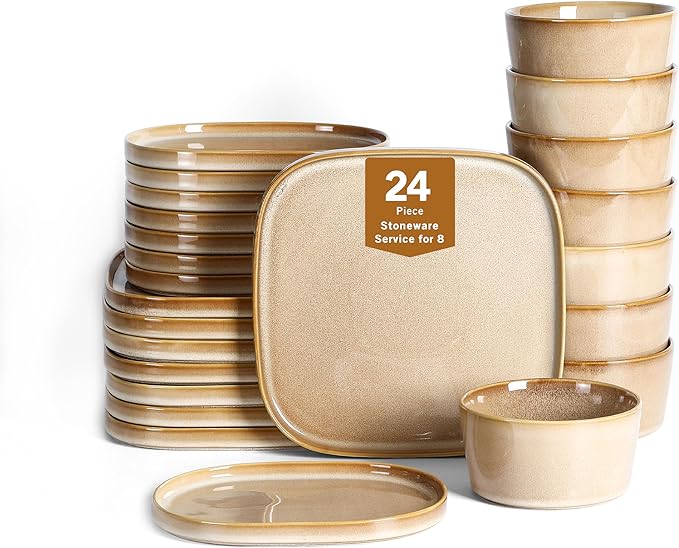 Stone Lain Cairo 24-Piece Dinnerware Set Stoneware Plates and Bowls Set Microwave and Dishwasher Safe Includes Dinner and Salad Plates Cereal Bowls Dishes for 8 Sand