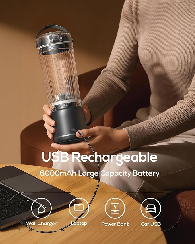 Sangcon Personal Portable Blender for Shakes &amp Smoothies 6000mAh Cordless USB-C Rechargeable Blender with 2 Blend Modes Leakproof Travel Lid Dishwasher Safe Ideal for Gym Office Kitchen BPA-F