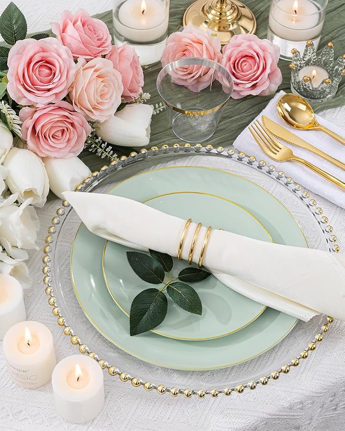bUCLA 150PCS Green Plastic Plates - Sage Green with Gold Rim Disposable - Include 25 (Dinner &amp Dessert) Plates 25 Knives 25 Forks 25 Spoons and 25 Cups for Party Easter &amp Spring