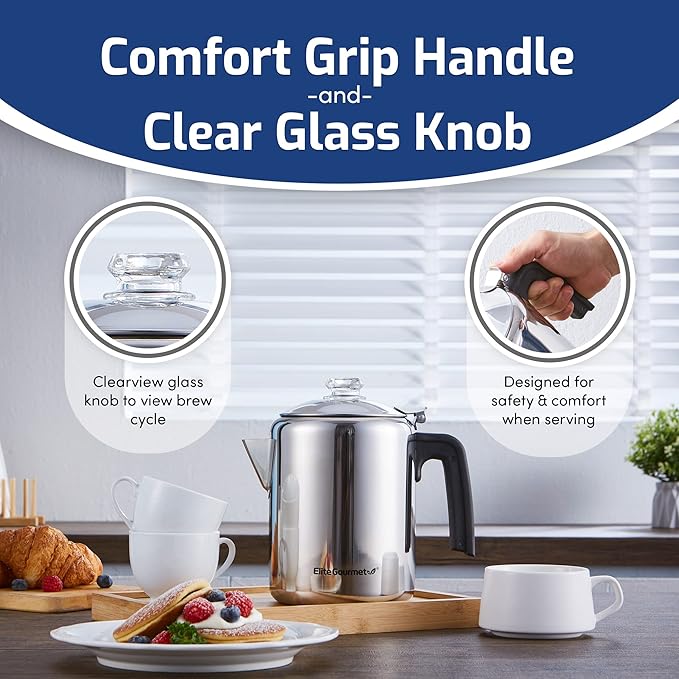 Elite Gourmet EC008 Classic Stovetop Coffee PercolatorGlass Clear Brew Progress KnobCool-Touch HandleCordless Serve8-CupStainless Steel(Pack of 12)