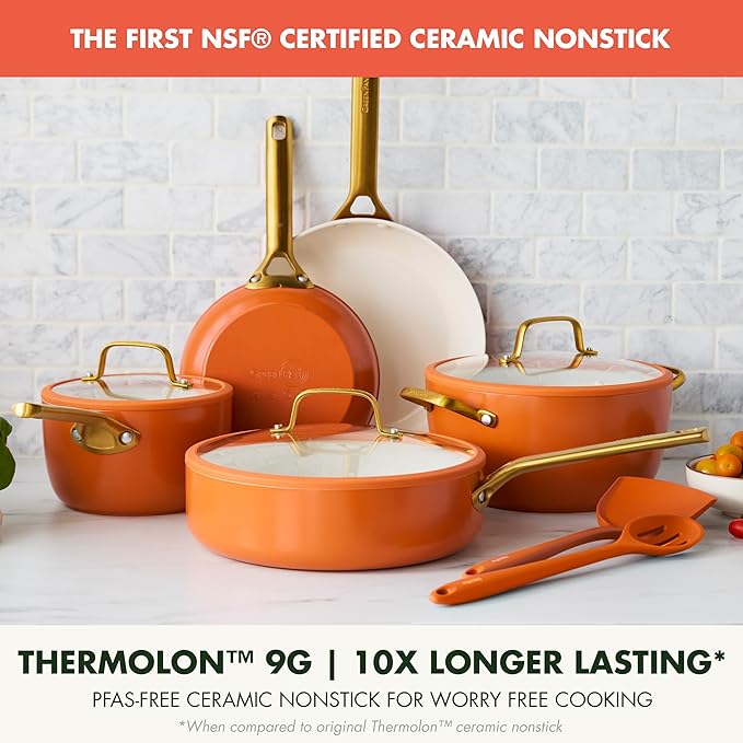 GreenPan Nonstick Reserve Pro 10 Piece Cookware Set NSF Certified Ceramic Hard Anodized PFAS-Free Pots &amp Pans Set with Lids Stainless Steel Handles Oven &amp Dishwasher Safe Harvest Orange
