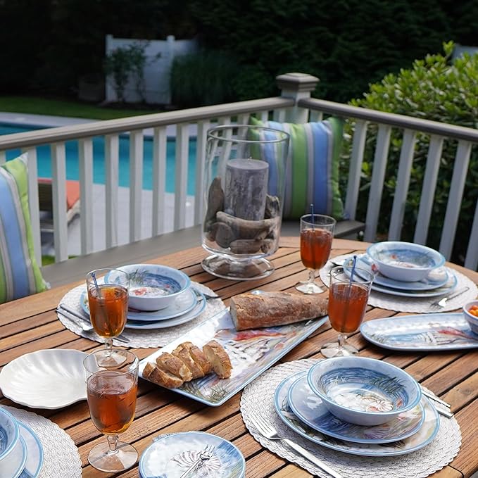 Seacoast Melamine 12 Piece Dinnerware Set – Coastal Beach-Themed Plates and Bowls Service for 4 with Shell and Ocean Art Break-Resistant BPA-Free Reusable Dinnerware Dishwasher Safe Indoor/Outdoor