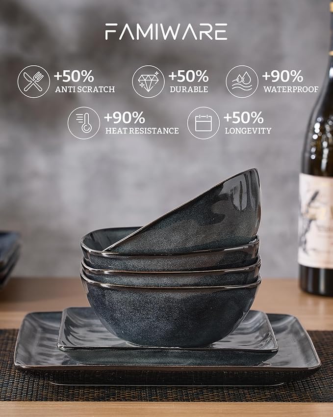 Famiware Ocean Square Plates and Bowls Set 18 Pieces Dinnerware Sets Dishes Set for 6 Microwave and Dishwasher Safe Scratch Resistant Deep Forest