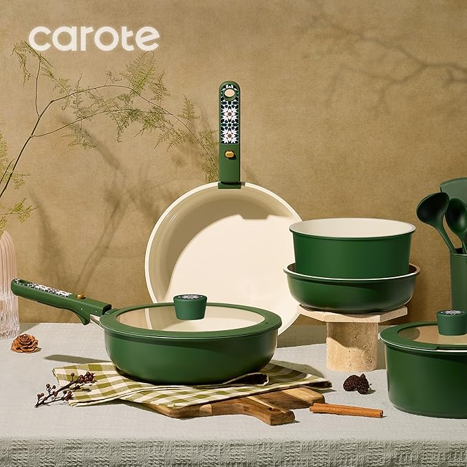 CAROTE 19Pcs Ceramic Cookware Set Pots and Pans Set Non stick Non Toxic Cookware Detachable Handle Kitchen Cooking Set - Induction Cookware Dishwasher/Oven Safe PFAS Free Green