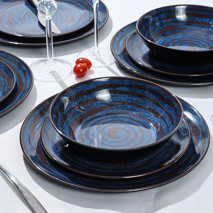 Melamine Dinnerware Set 12-Piece Plates and Bowls Set Blue Threaded Plastic Dishes Set Service for 4 BPA-Free Dishwasher Safe